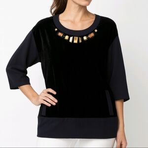 Thor & Nema Paris Top Black Velvet Round Jewel Neck Short Sleeve Size L NEW